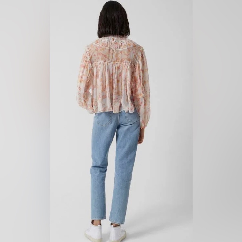 NEW FRENCH CONNECTION- Flowy Mock Neck Blouse with sheer arms in floral print - Picture 4 of 10